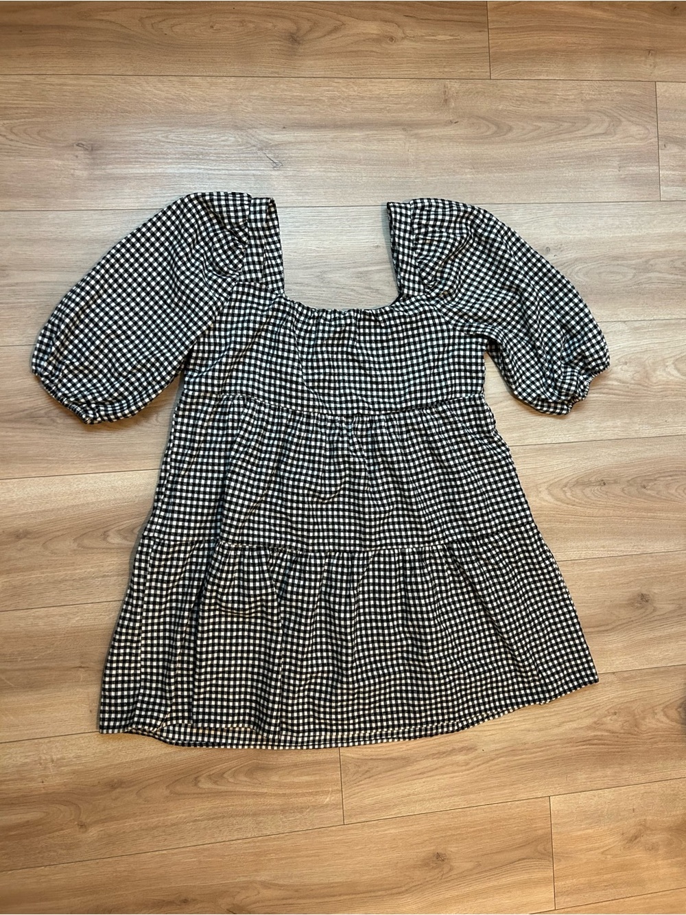 Harper Black & White Gingham Square-Neck Tiered Puff-Sleeve Dress